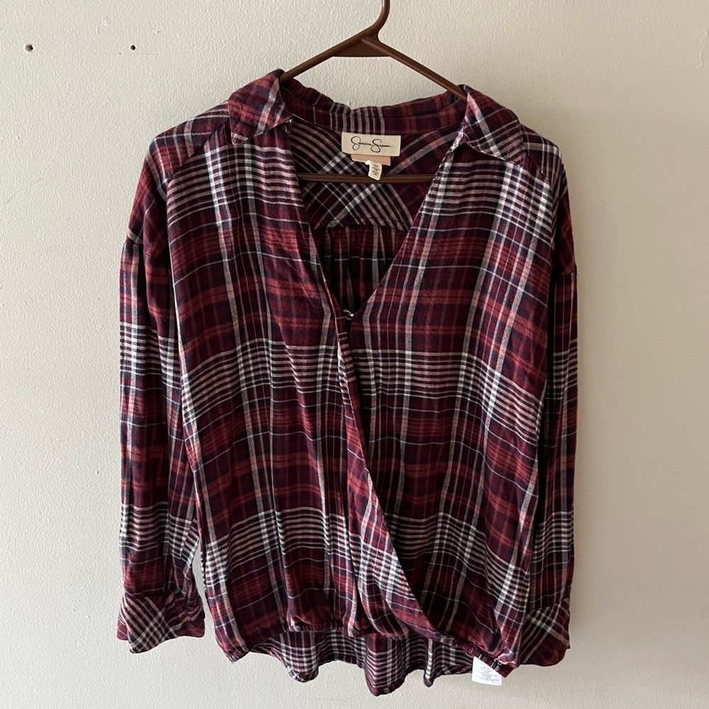 Jessica Simpson Nursing Long Sleeve Plaid Blouse Maroon Breastfeeding Shirt